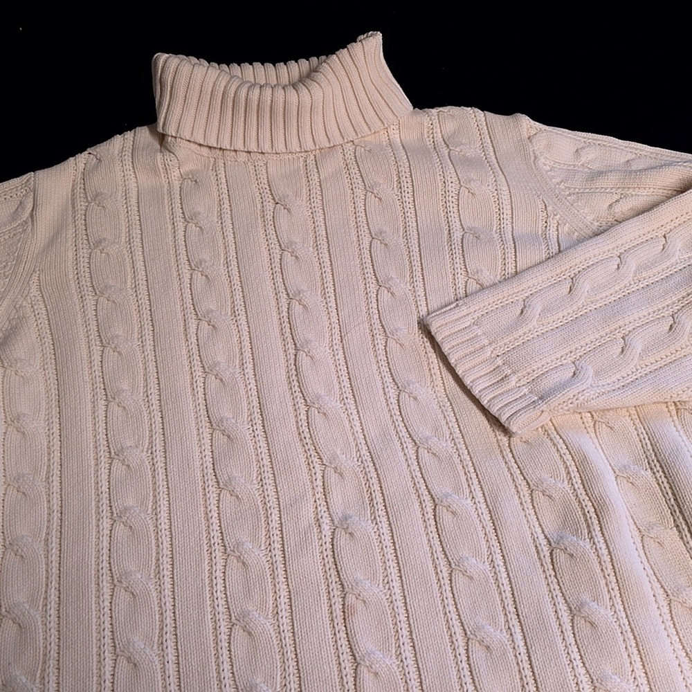 Lands End Turtleneck Sweater Womens 1X Cream White Cotton Cable Knit Long Sleeve